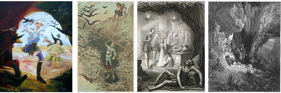 Distintas láminas recreando la entrada y estancia de D. Quijote en la mágica cueva de Montesinos.